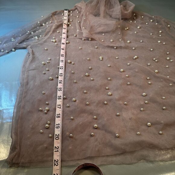 The Moon Pearl Sheer Mesh Blouse Womens Scarf Balloon Long Sleeve High Neck - Picture 13 of 16